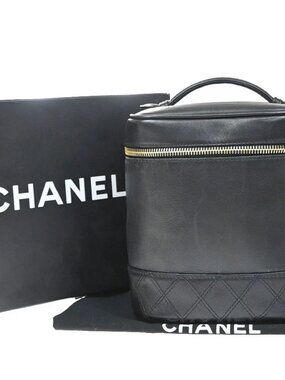 CHANEL CC Logo Bicolore Vanity Hand Bag Leather Black GHW Italy Vintage 70RP237